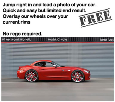 Jump right in and load a photo of your car. Quick and easy but limited end result. Overlay our wheels over your current rims. No rego required.