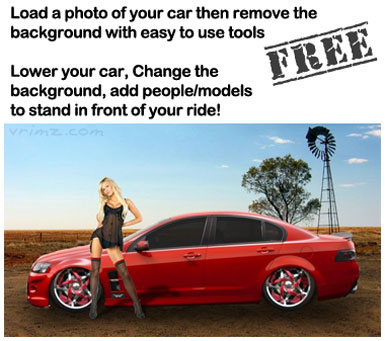 Load a photo of your car then remove the background with easy to use tools. Lower your car, Change the background, add people/models to stand in front of your ride! Requires FREE rego